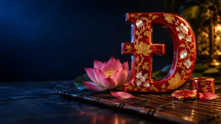 Red lacquer letter Đ with gold leaf and mother of pearl beside a lotus and casino chips