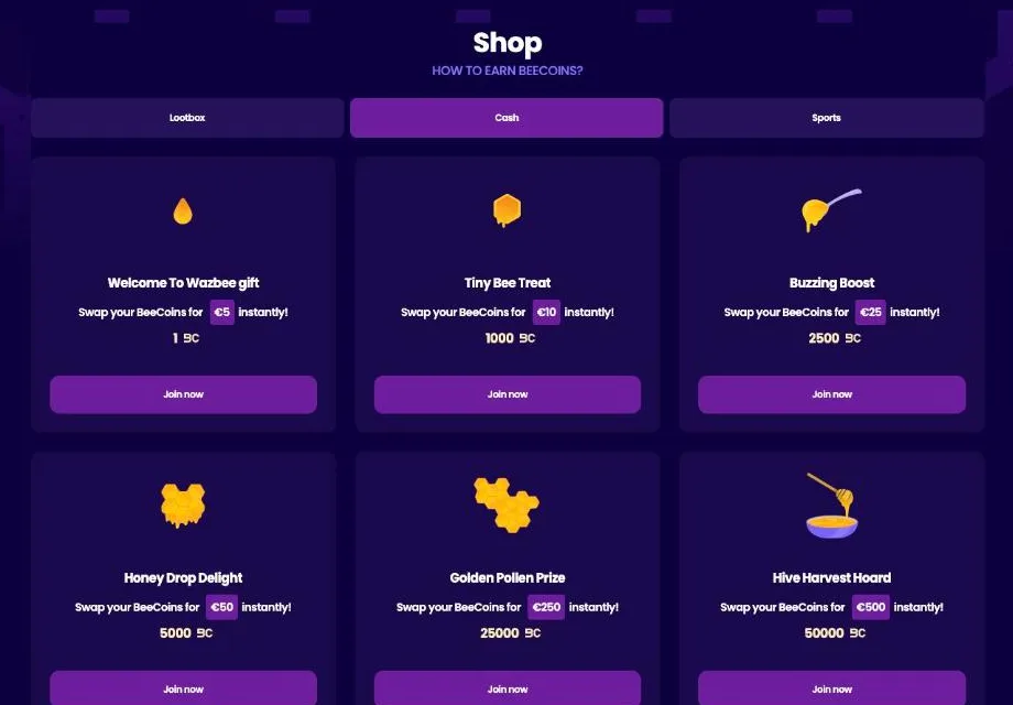 Wazbee Shop where BeeCoins are swapped for cash, from €10 for 1,000 BeeCoins up to €500 for 50,000, with Lootbox and Sports tabs