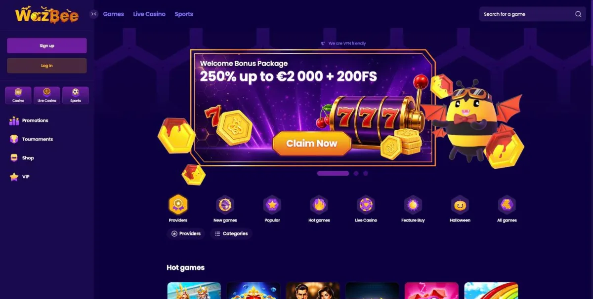 Wazbee Casino lobby with the 250% up to €2,000 + 200 FS welcome banner, the VPN friendly note and game category shortcuts