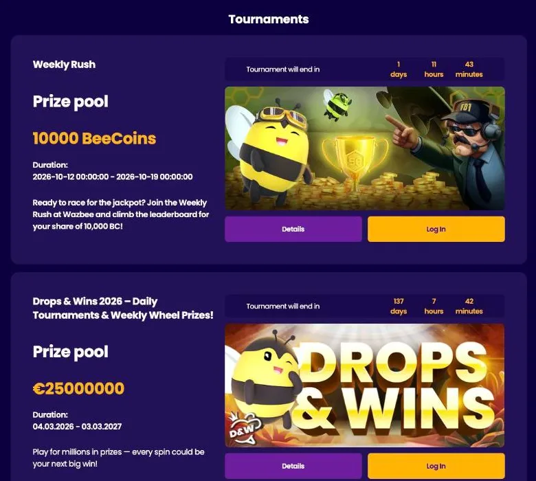 Wazbee tournaments page with the Weekly Rush for 10,000 BeeCoins and the €25,000,000 Drops and Wins network tournament