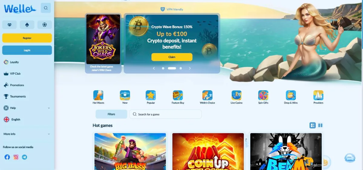 Welle Casino lobby with the crypto bonus banner and game categories