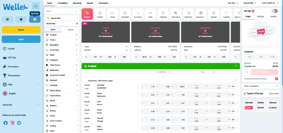 Welle sportsbook with football markets, sports list and bet slip