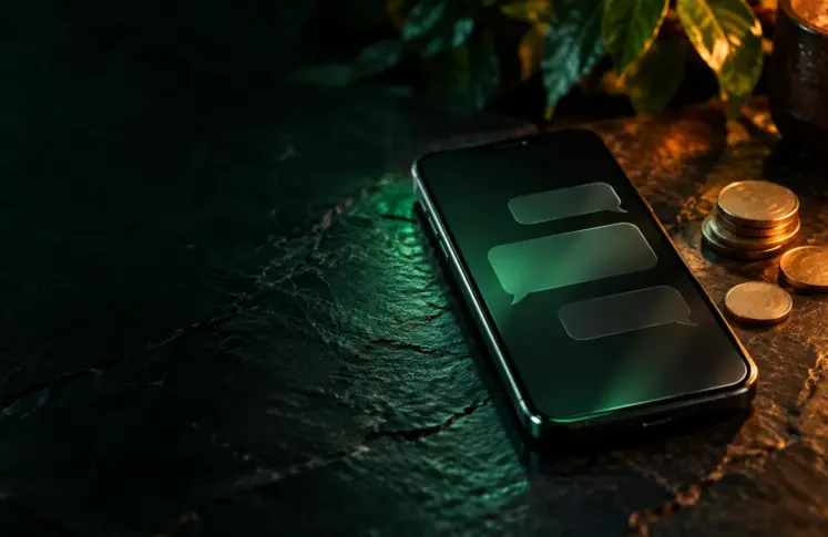 WhatsApp Pay casinos header: a smartphone with empty chat bubbles and a green glow beside coins
