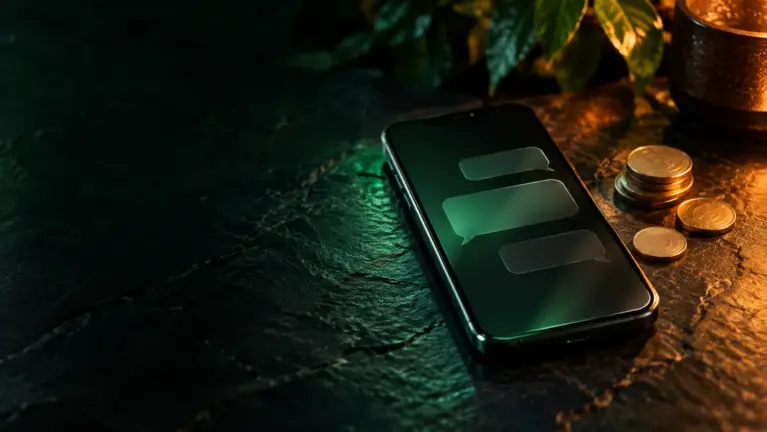 WhatsApp Pay casinos header: a smartphone with empty chat bubbles and a green glow beside coins