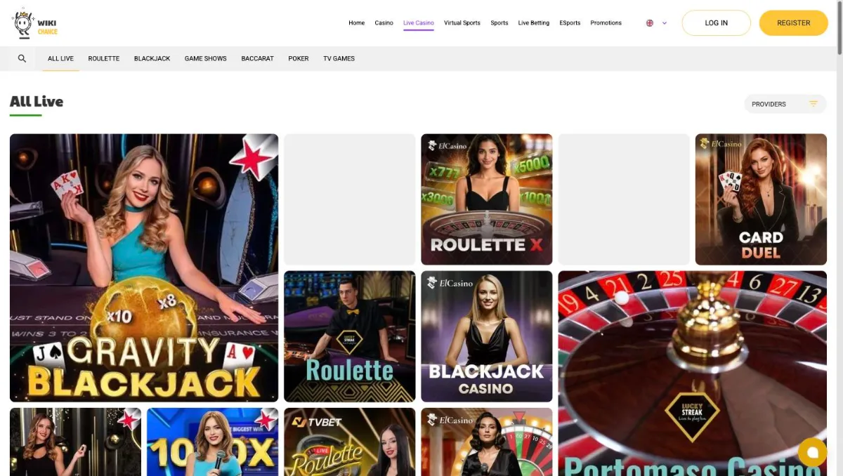 WikiChance live casino lobby with Gravity Blackjack, Roulette X and LuckyStreak tables