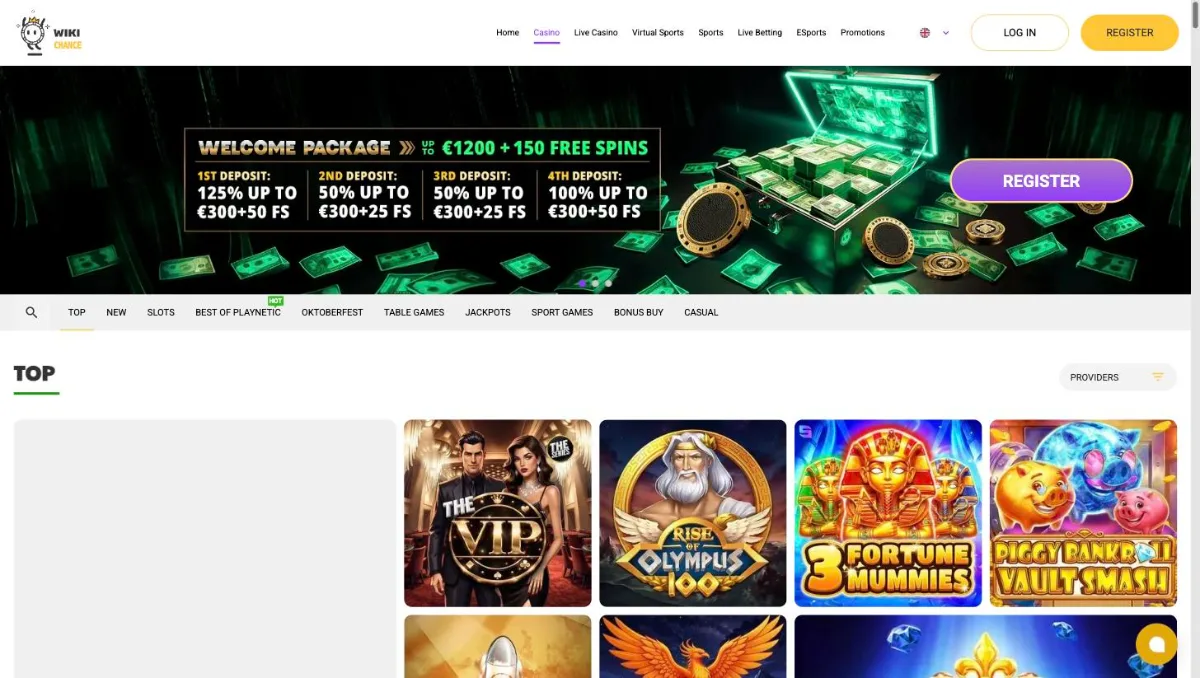 WikiChance casino lobby, the site WikiLuck now redirects to, with welcome package banner and game categories