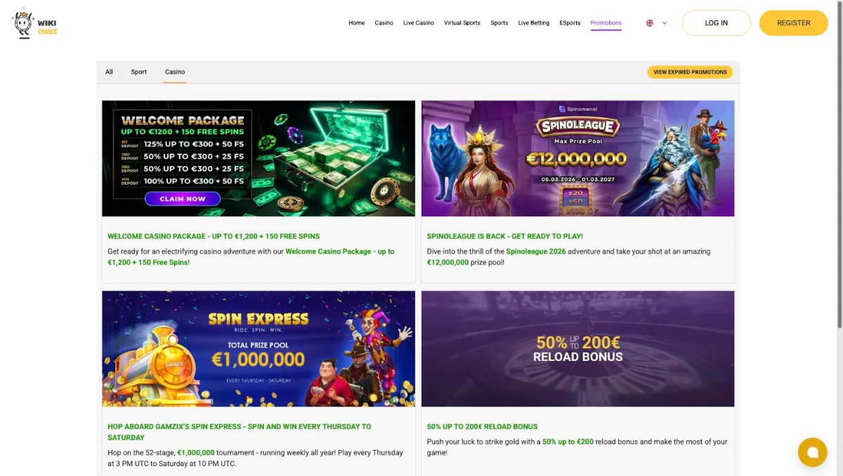 WikiChance promotions page with the welcome package, Spinoleague, Spin Express and a 50% reload bonus