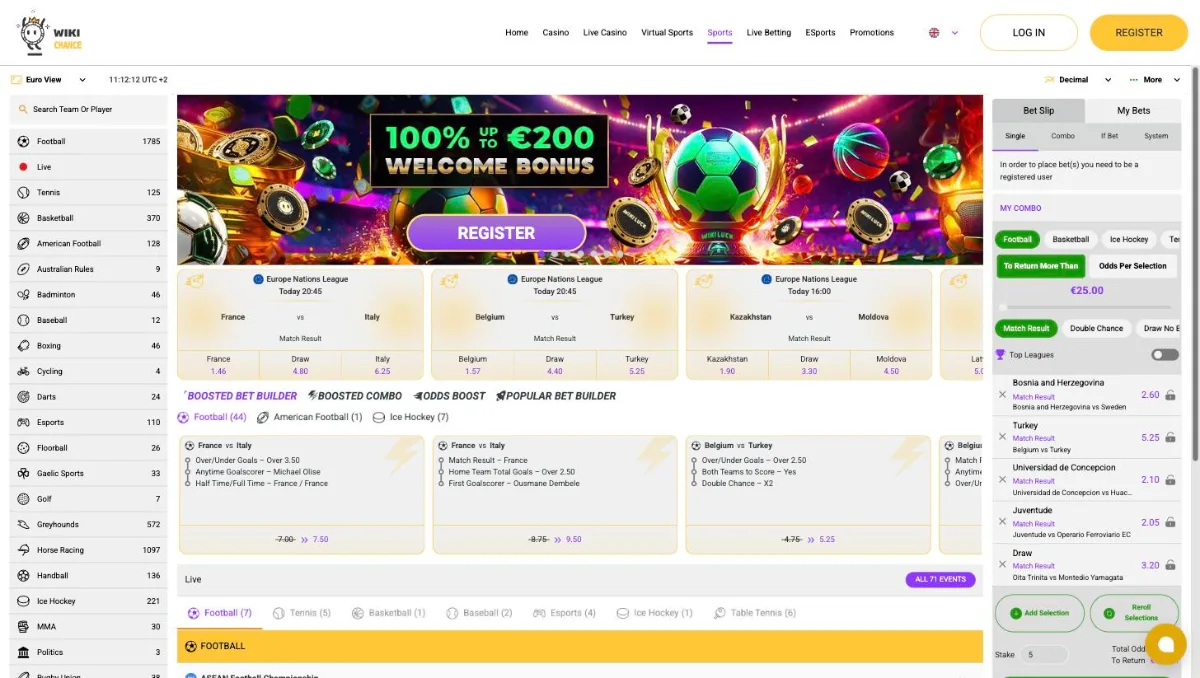 WikiLuck sportsbook on wikichance.com with the 100% up to €200 sports welcome banner and boosted bet builders