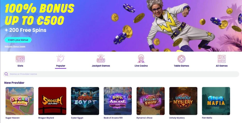 Wildz Casino lobby with the 100% up to €500 + 200 free spins welcome banner