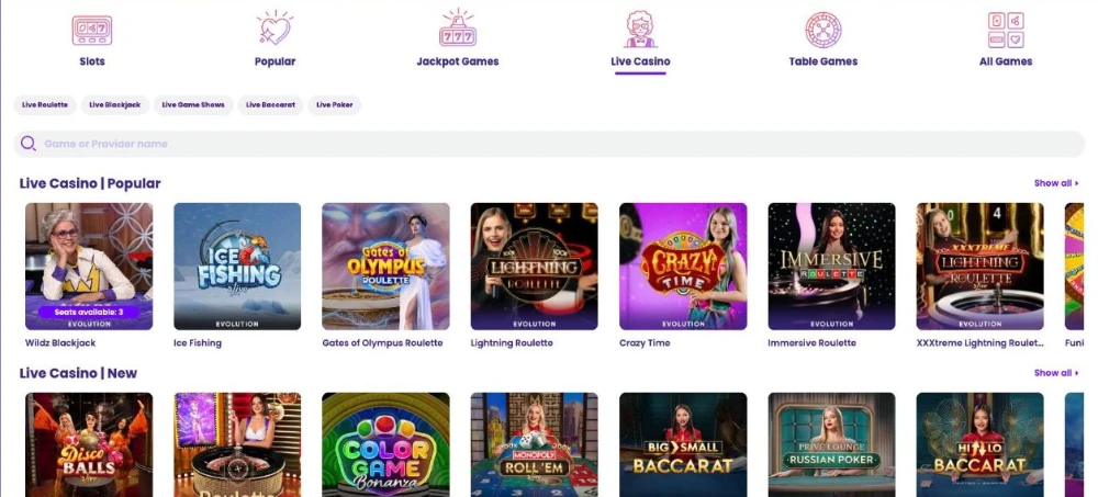 Live casino lobby at Wildz with Wildz Blackjack, Crazy Time and Lightning Roulette