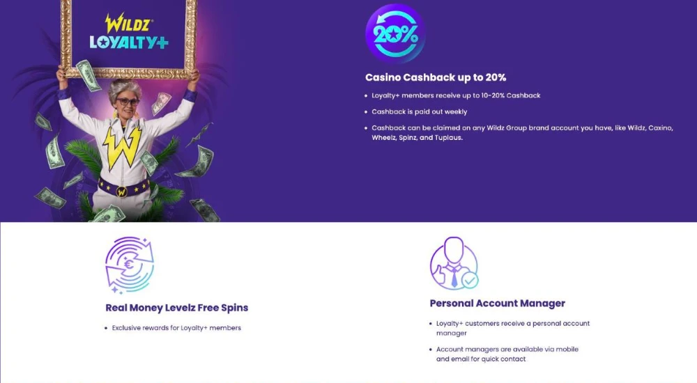 Wildz Casino Loyalty+ page with weekly cashback up to 20% and a personal account manager