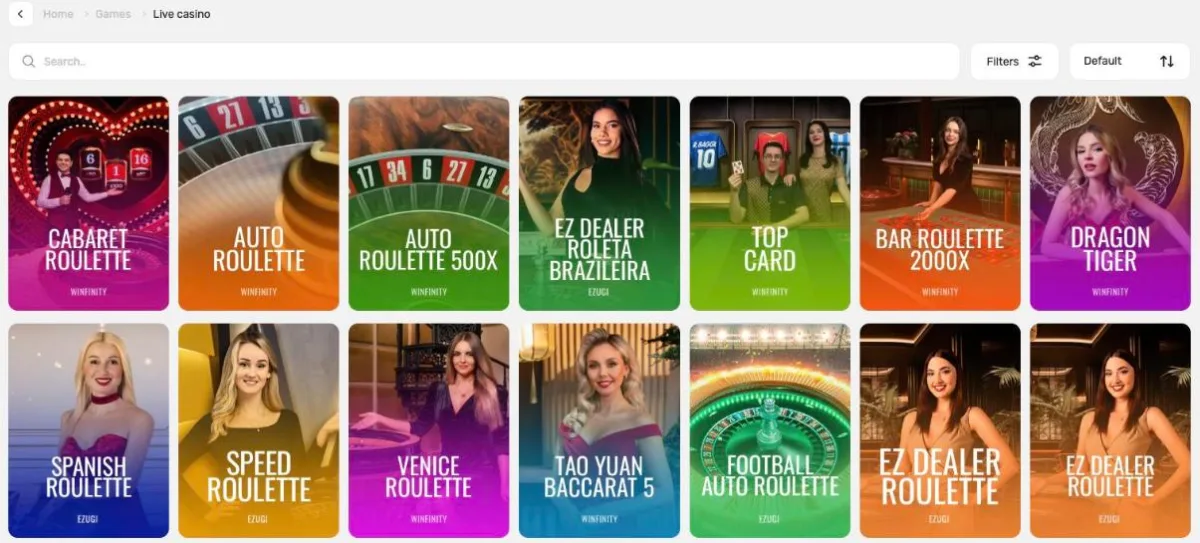 Win.Casino live casino lobby with Winfinity and Ezugi roulette, baccarat and Dragon Tiger tables