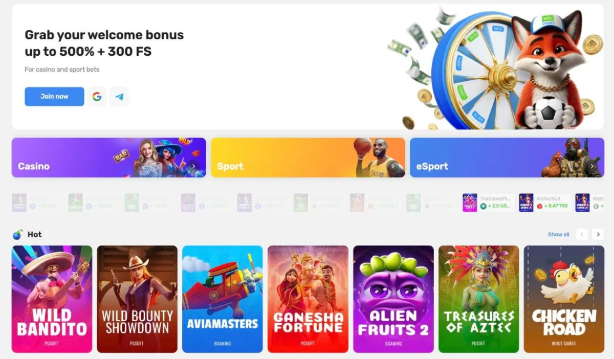 Win.Casino lobby with welcome banner, casino, sport and eSport tiles and hot games