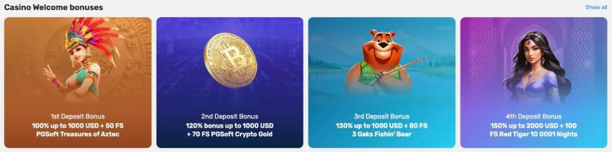 The four Win.Casino deposit bonuses with free spins on Treasures of Aztec, Crypto Gold, Fishin Bear and 10 001 Nights