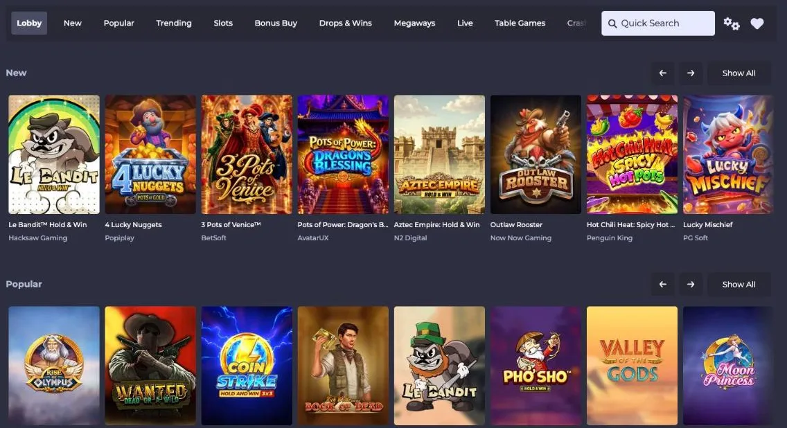 Winning.io Casino game lobby with new and popular slots from Hacksaw Gaming, Popiplay, BetSoft and Play n GO