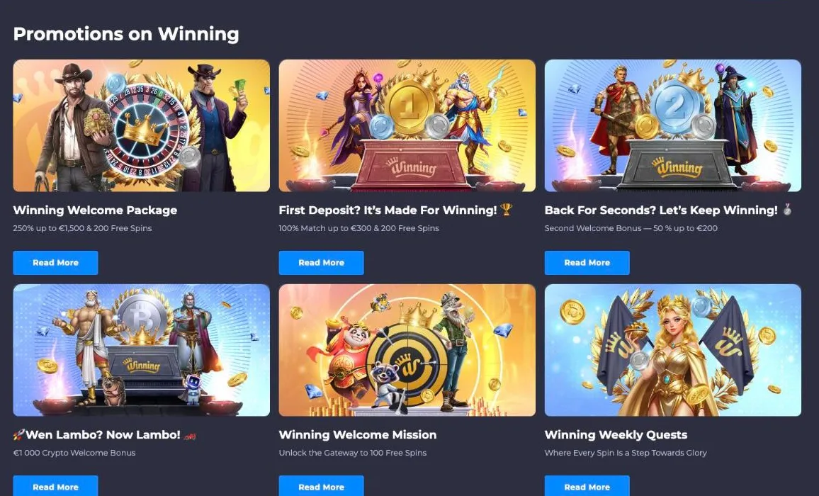 Winning.io Casino promotions page with the welcome package, first and second deposit bonuses, crypto bonus, welcome mission and weekly quests