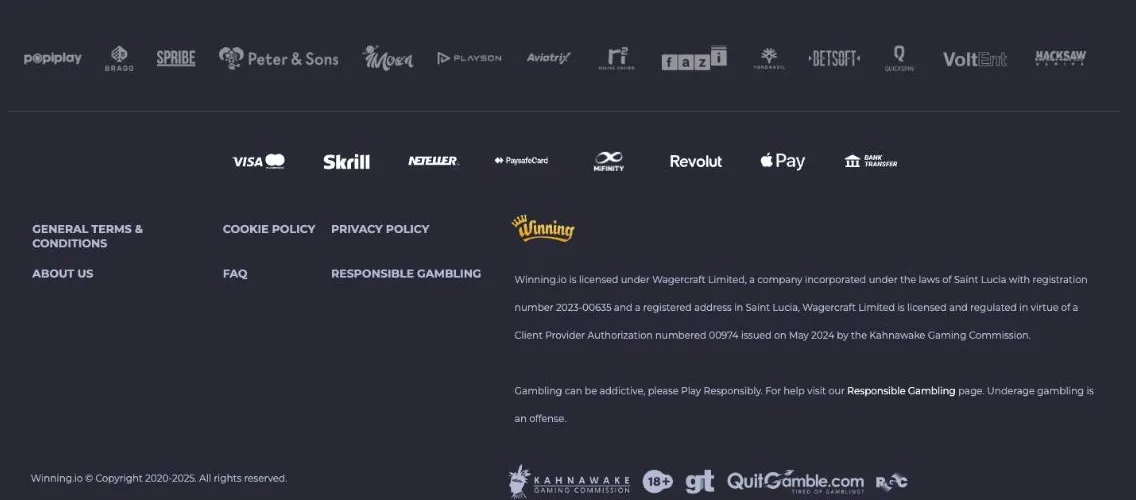 Winning.io Casino footer with game providers, payment methods and the Kahnawake licence text