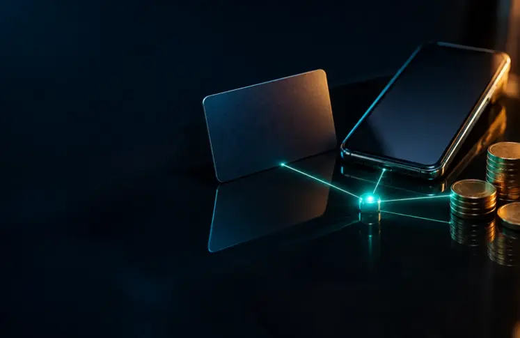 Zotapay casinos header: a phone, a card and coins linked by glowing teal network lines