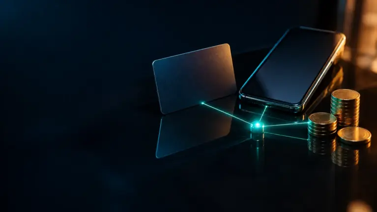 Zotapay casinos header: a phone, a card and coins linked by glowing teal network lines